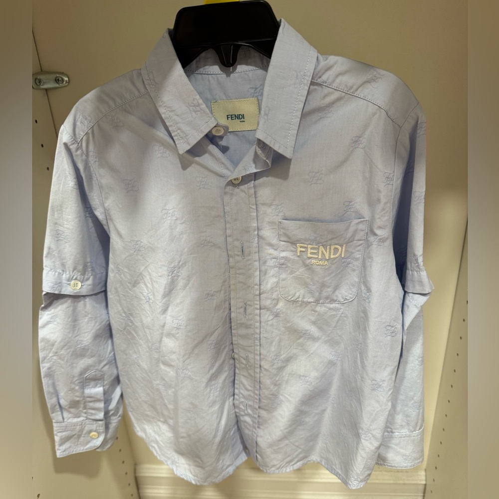 Fendi button down shirt for boys. Size is 4T. The color is baby blue and white.